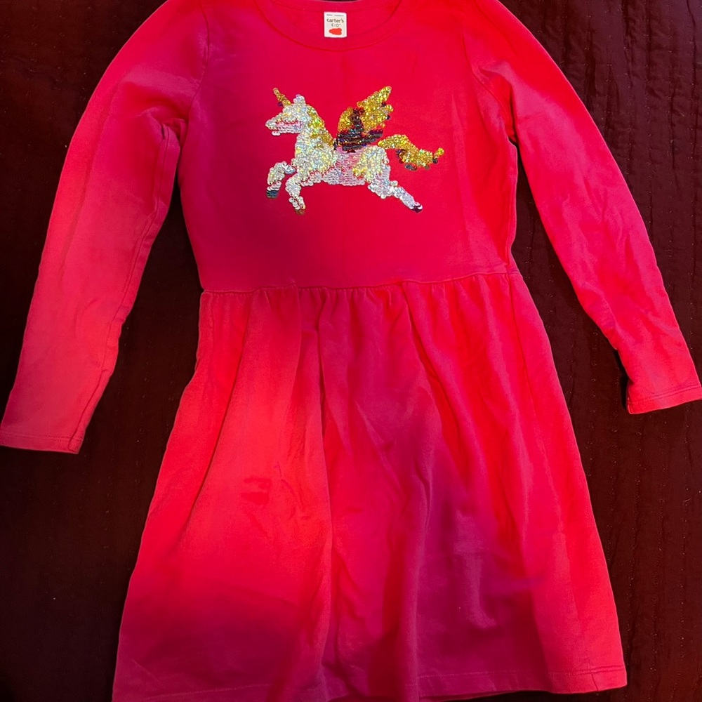Carter's Kid || 10 Pink Long Sleeve Cotton Multi Sequins Unicorn Dress